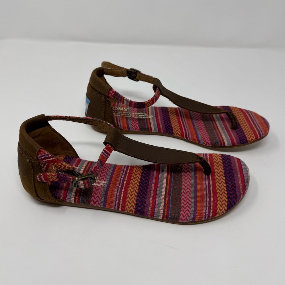 Toms Sandals, Sz‎ 5.5, leather, canvas, boho, hippie, t strap, ankle, beach - Picture 3 of 11